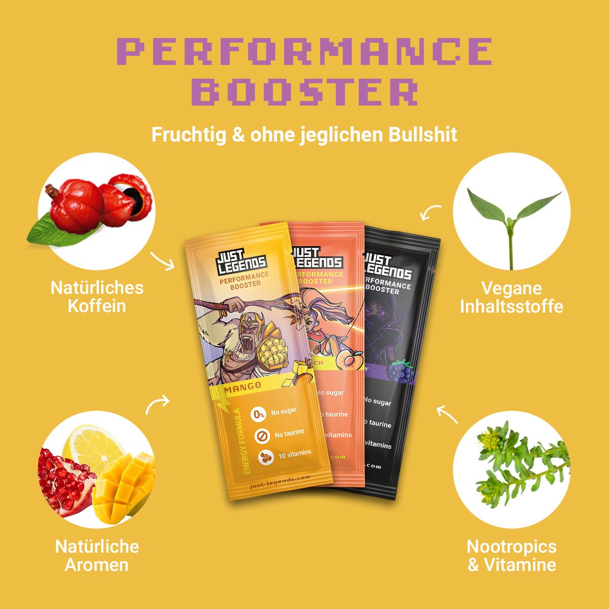 Just Legends Booster Probierpaket | Funktionaler, veganer Taster Pack auf Pulverbasis ohne Zucker, mit wenig Kalorien, vielen Vitaminen und natürlichen Aromen.
