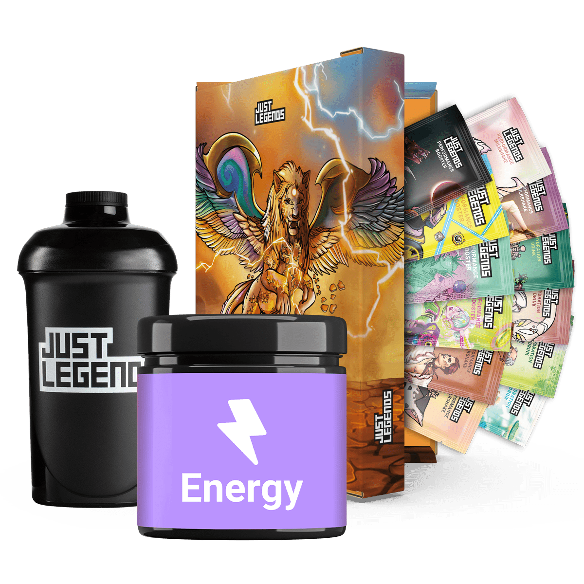 Just Legends Energy Starter-Set | Funktionaler, veganer Taster Pack auf Pulverbasis ohne Zucker, mit wenig Kalorien, vielen Vitaminen und natürlichen Aromen.