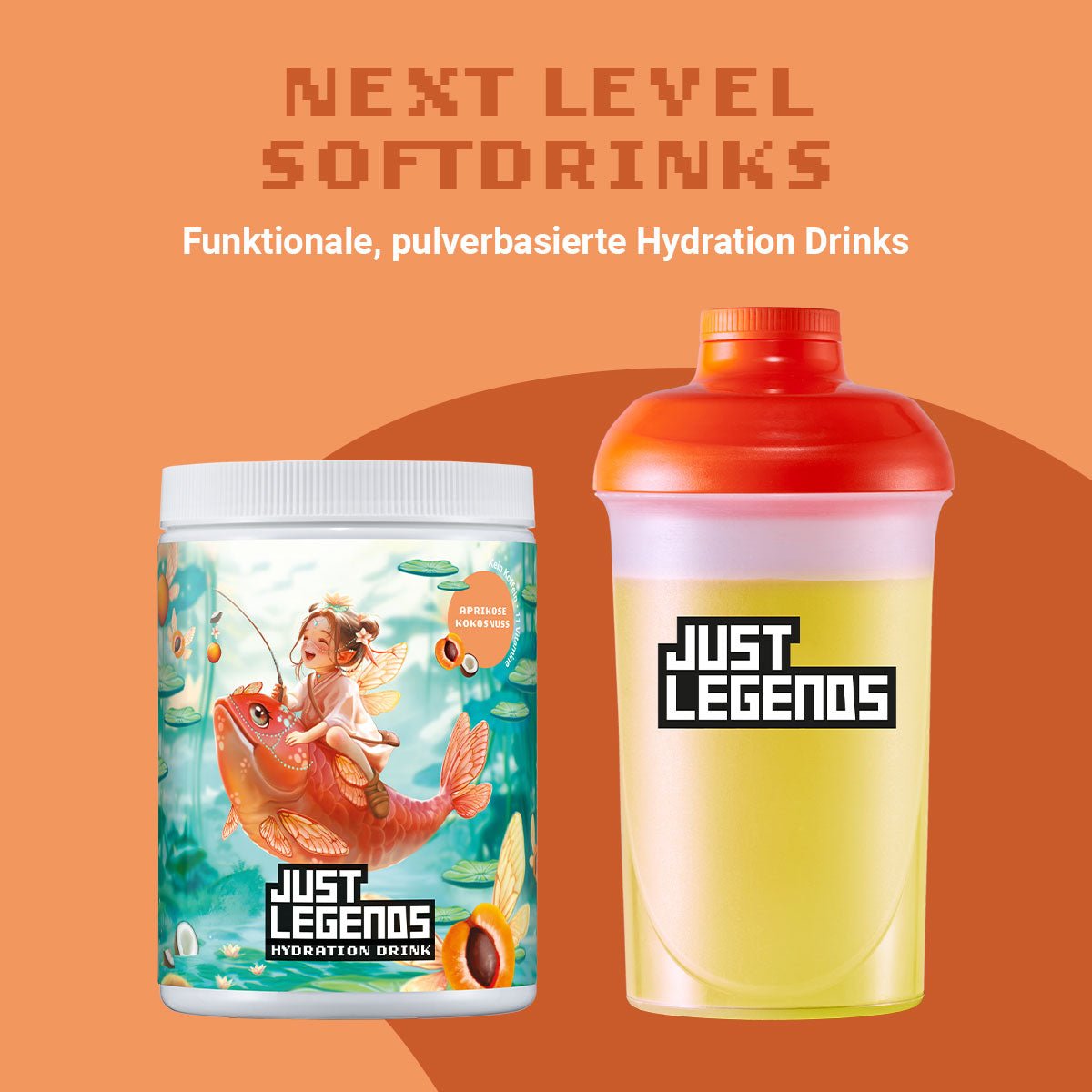 Just Legends Hydration Drink Apricot Coconut | Funktionaler, veganer Hydration Drink auf Pulverbasis ohne Zucker, mit wenig Kalorien, vielen Vitaminen und natürlichen Aromen.