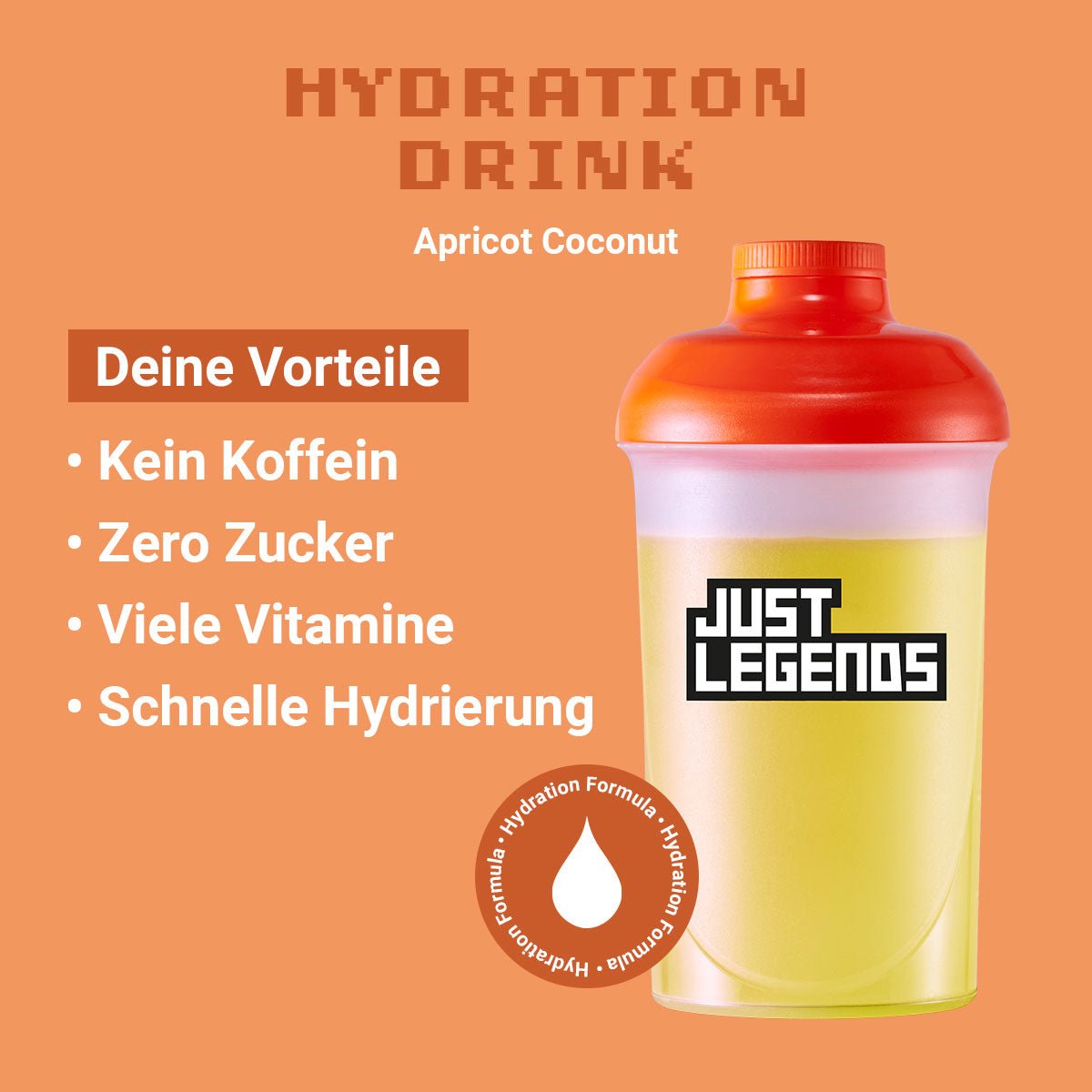 Just Legends Hydration Drink Apricot Coconut | Funktionaler, veganer Hydration Drink auf Pulverbasis ohne Zucker, mit wenig Kalorien, vielen Vitaminen und natürlichen Aromen.