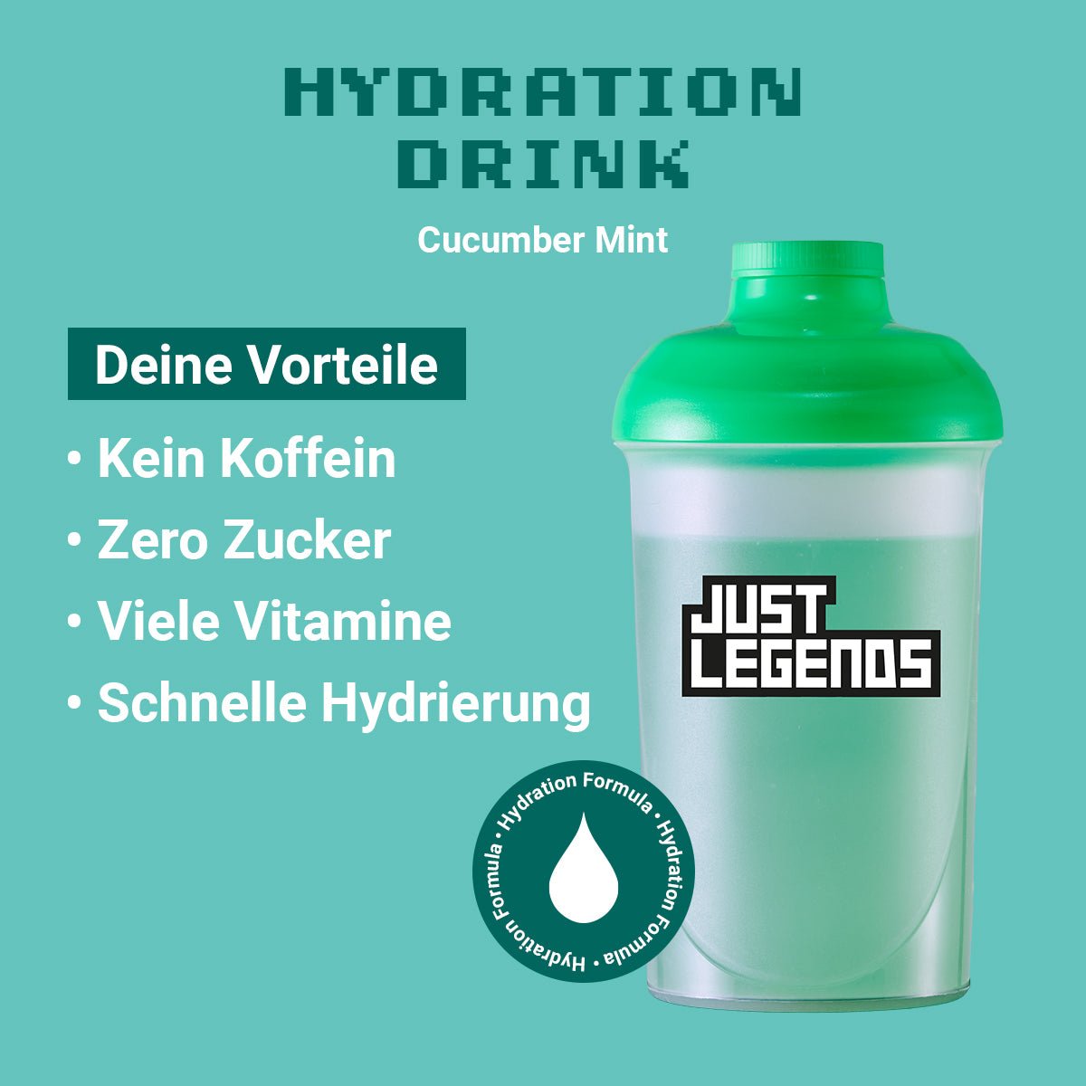 Just Legends Hydration Drink Cucumber Mint | Funktionaler, veganer Hydration Drink auf Pulverbasis ohne Zucker, mit wenig Kalorien, vielen Vitaminen und natürlichen Aromen.
