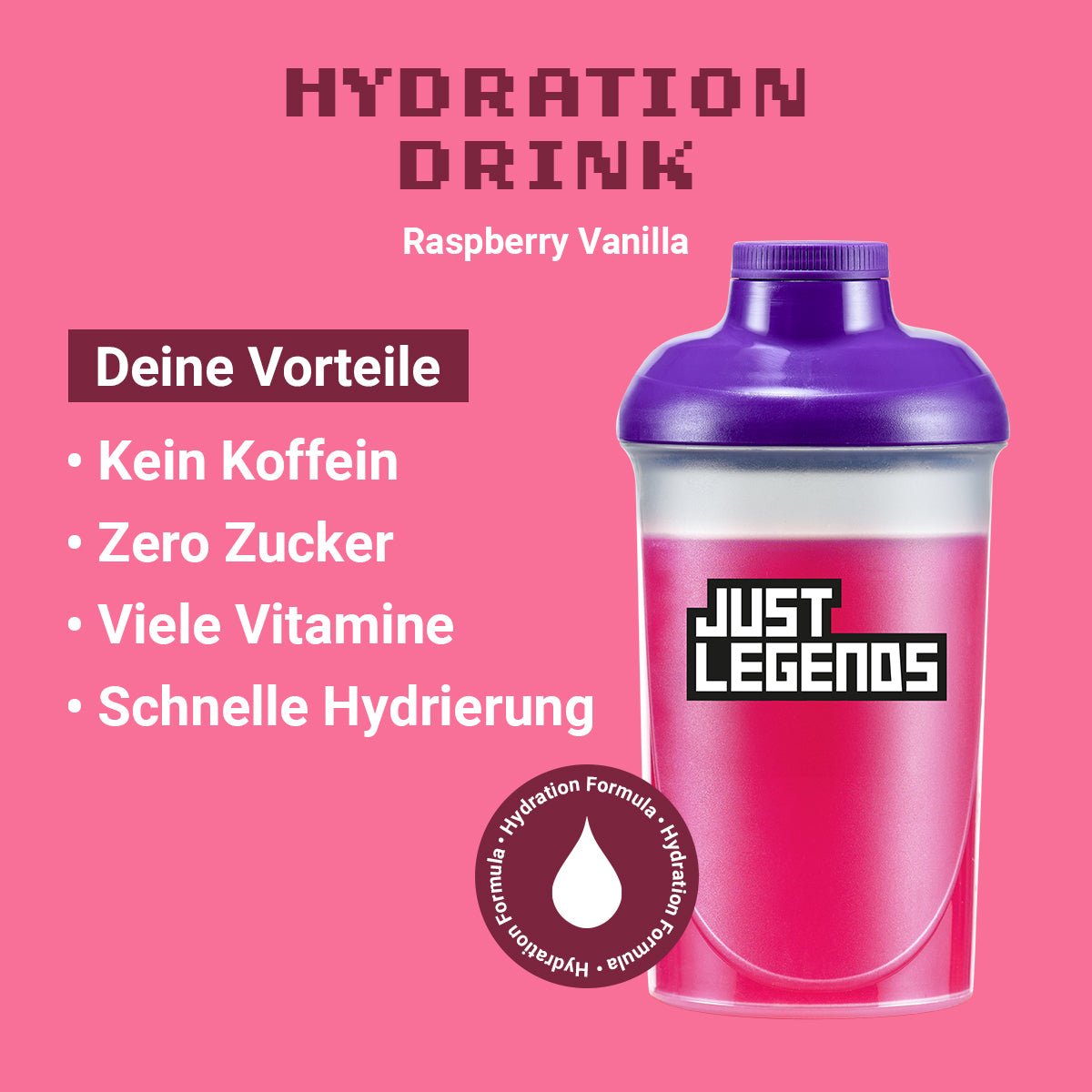 Just Legends Hydration Drink Raspberry Vanilla | Funktionaler, veganer Hydration Drink auf Pulverbasis ohne Zucker, mit wenig Kalorien, vielen Vitaminen und natürlichen Aromen.