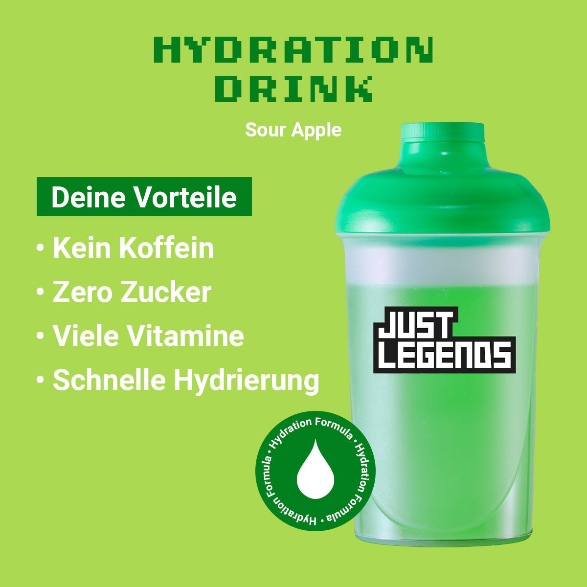 Just Legends Hydration Drink Sour Apple | Funktionaler, veganer Hydration Drink auf Pulverbasis ohne Zucker, mit wenig Kalorien, vielen Vitaminen und natürlichen Aromen.