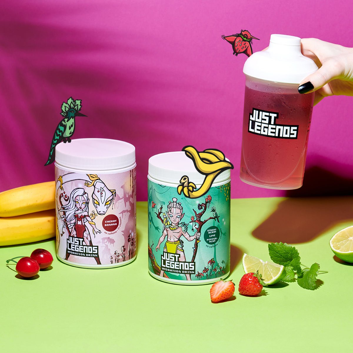 Just Legends Hydration Drink Strawberry Lime Peppermint | Funktionaler, veganer Hydration Drink auf Pulverbasis ohne Zucker, mit wenig Kalorien, vielen Vitaminen und natürlichen Aromen.