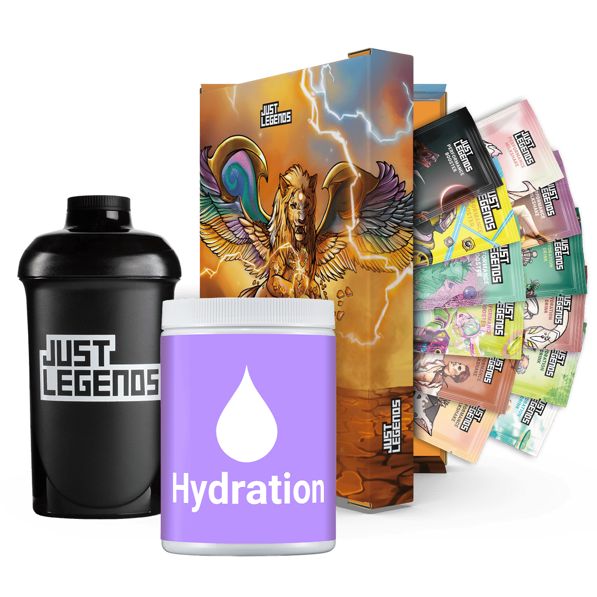 Just Legends Hydro Starter-Set | Funktionaler, veganer Taster Pack auf Pulverbasis ohne Zucker, mit wenig Kalorien, vielen Vitaminen und natürlichen Aromen.