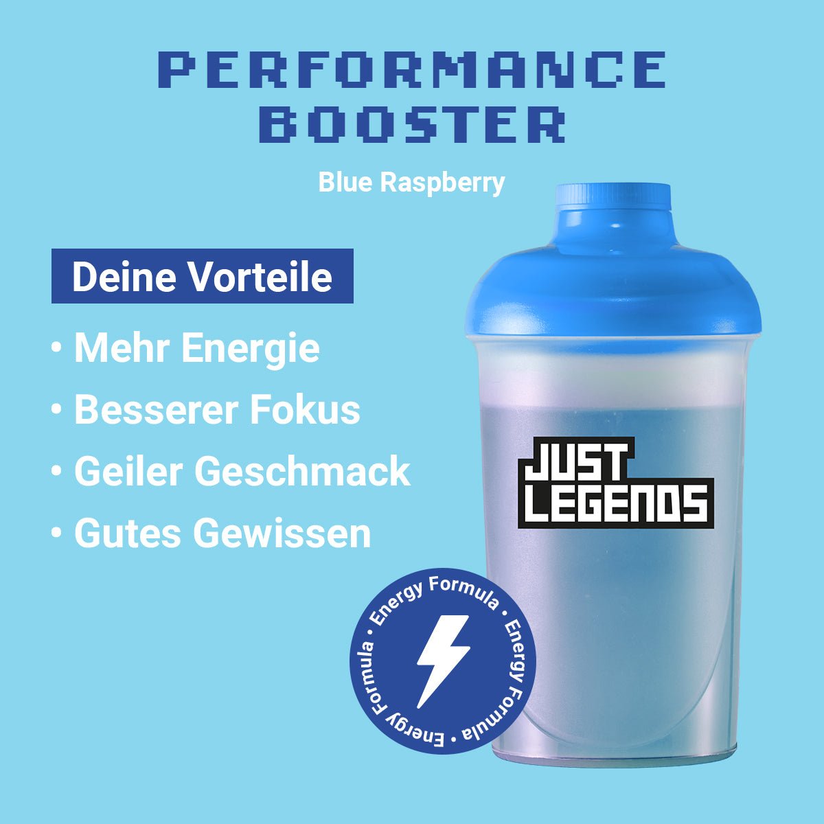 Just Legends Performance Booster Blue Raspberry | Funktionaler, veganer Performance Booster auf Pulverbasis ohne Zucker, mit wenig Kalorien, vielen Vitaminen und natürlichen Aromen.