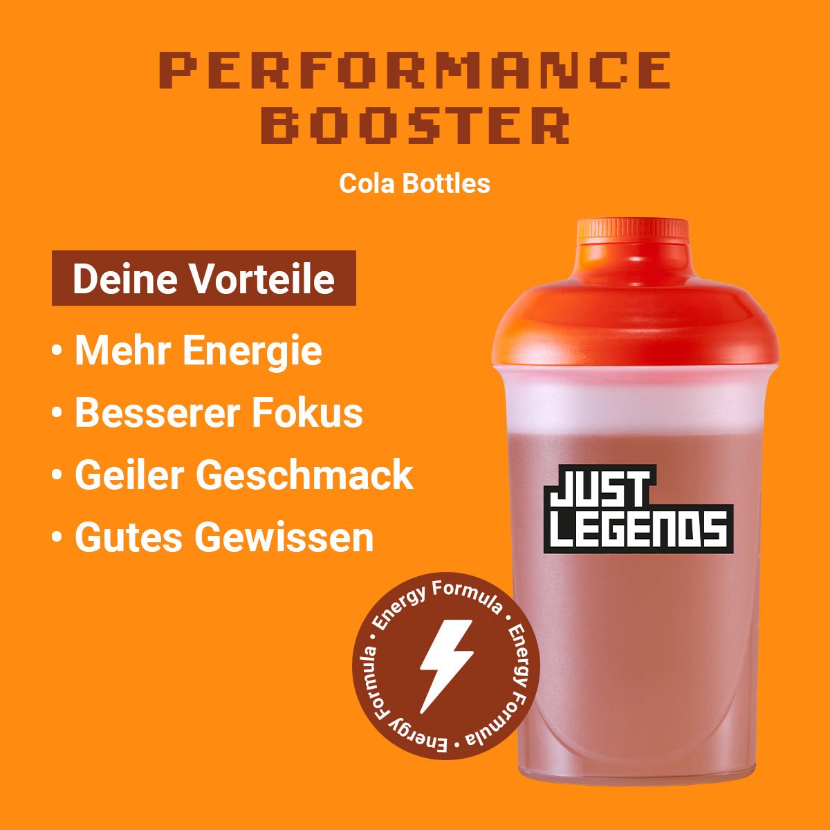 Just Legends Performance Booster Cola Bottles | Funktionaler, veganer Performance Booster auf Pulverbasis ohne Zucker, mit wenig Kalorien, vielen Vitaminen und natürlichen Aromen.