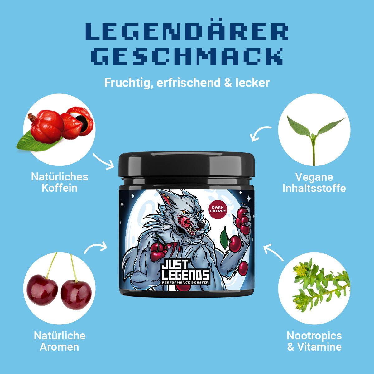 Just Legends Performance Booster Dark Cherry | Funktionaler, veganer Performance Booster auf Pulverbasis ohne Zucker, mit wenig Kalorien, vielen Vitaminen und natürlichen Aromen.