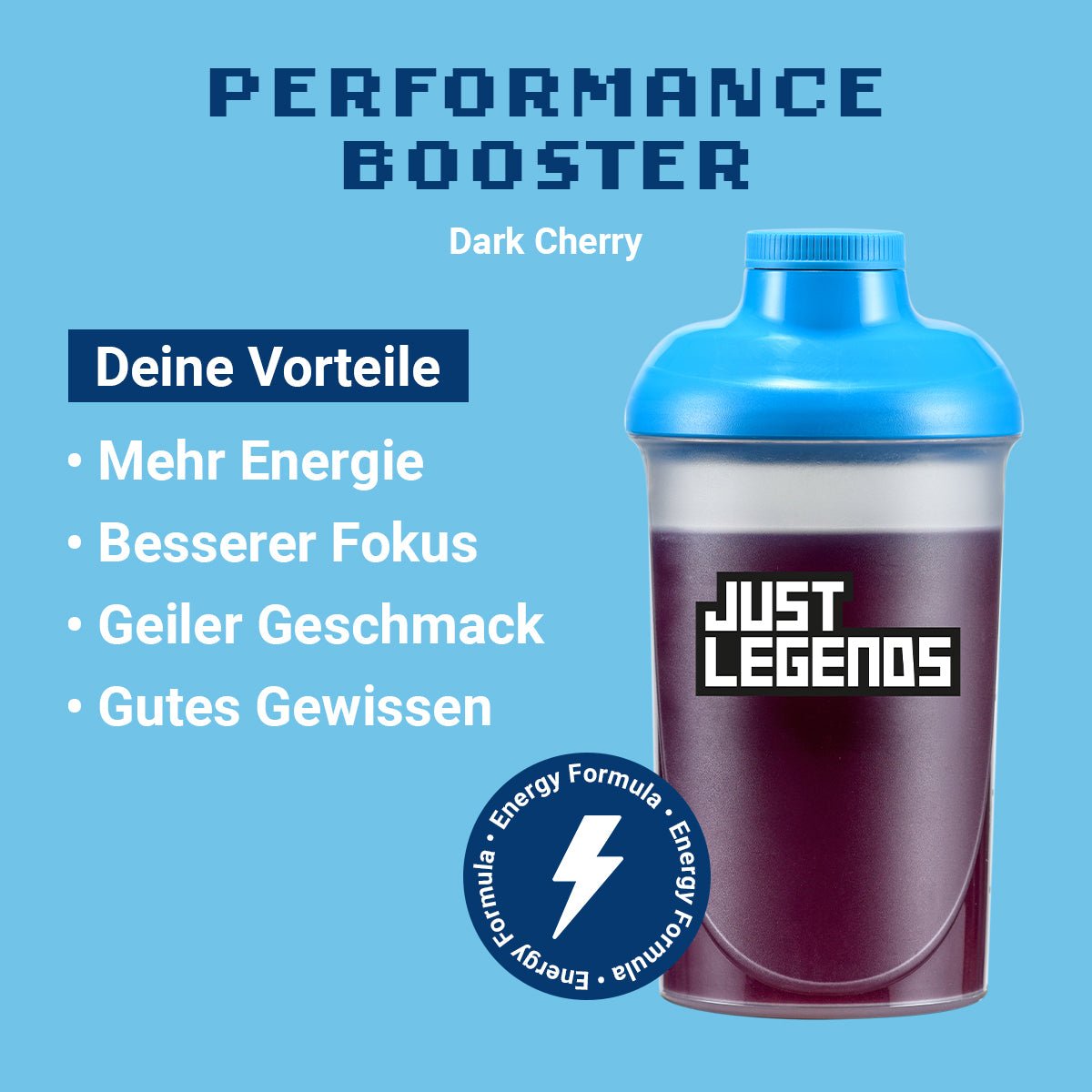 Just Legends Performance Booster Dark Cherry | Funktionaler, veganer Performance Booster auf Pulverbasis ohne Zucker, mit wenig Kalorien, vielen Vitaminen und natürlichen Aromen.