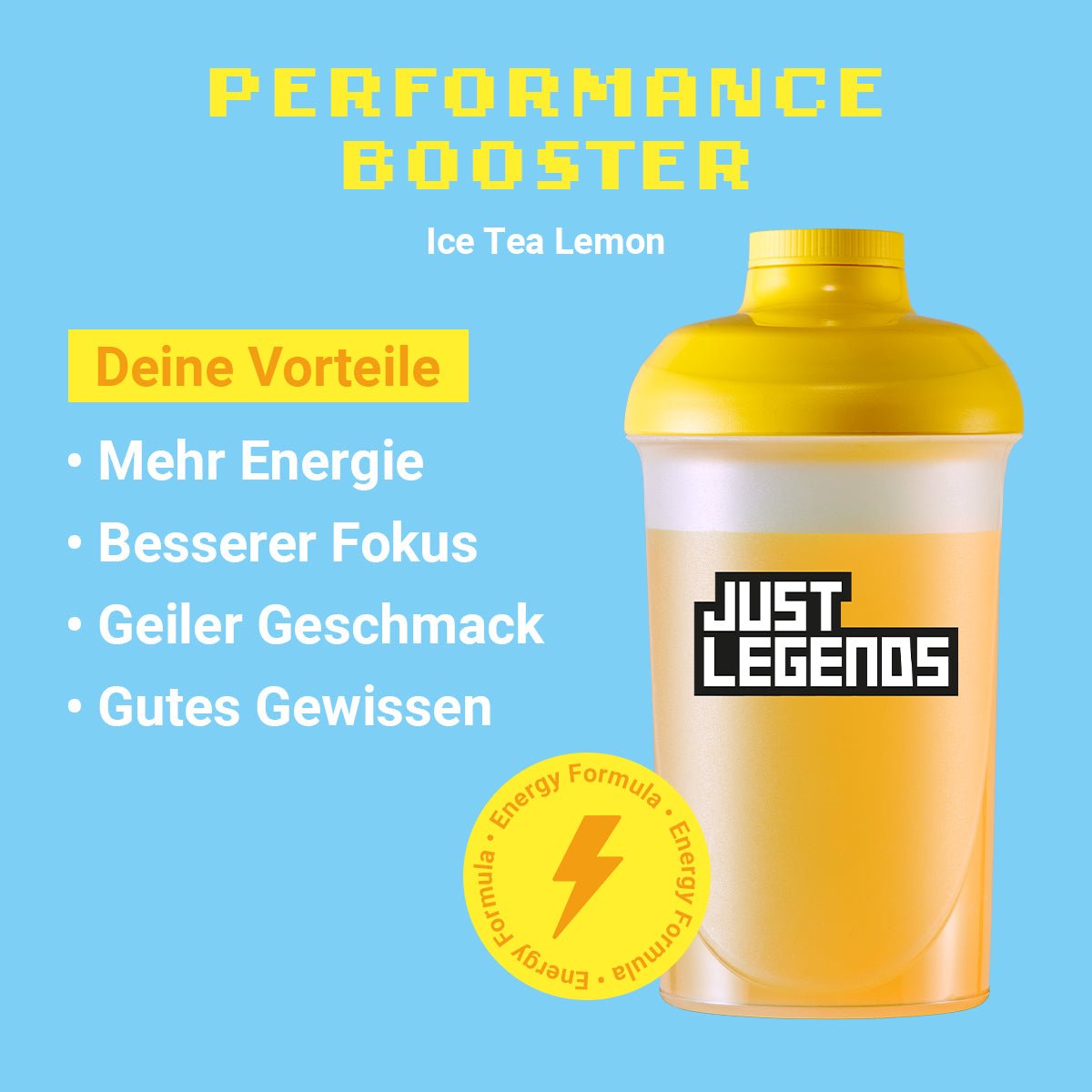 Just Legends Performance Booster Ice Tea Lemon | Funktionaler, veganer Performance Booster auf Pulverbasis ohne Zucker, mit wenig Kalorien, vielen Vitaminen und natürlichen Aromen.