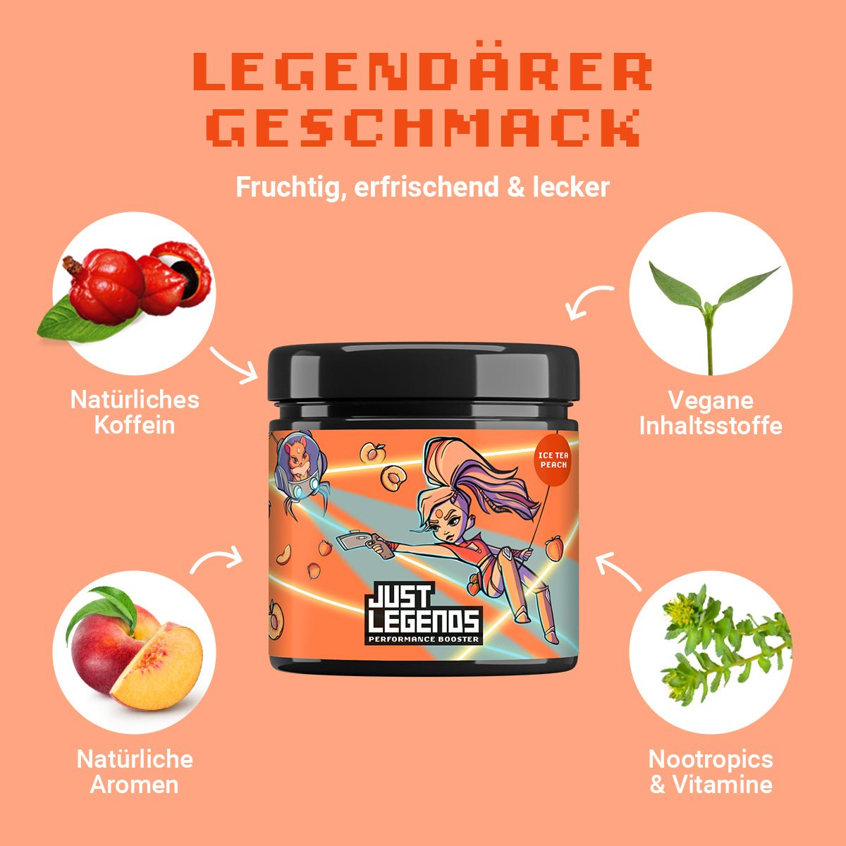 Just Legends Performance Booster Ice Tea Peach | Funktionaler, veganer Performance Booster auf Pulverbasis ohne Zucker, mit wenig Kalorien, vielen Vitaminen und natürlichen Aromen.