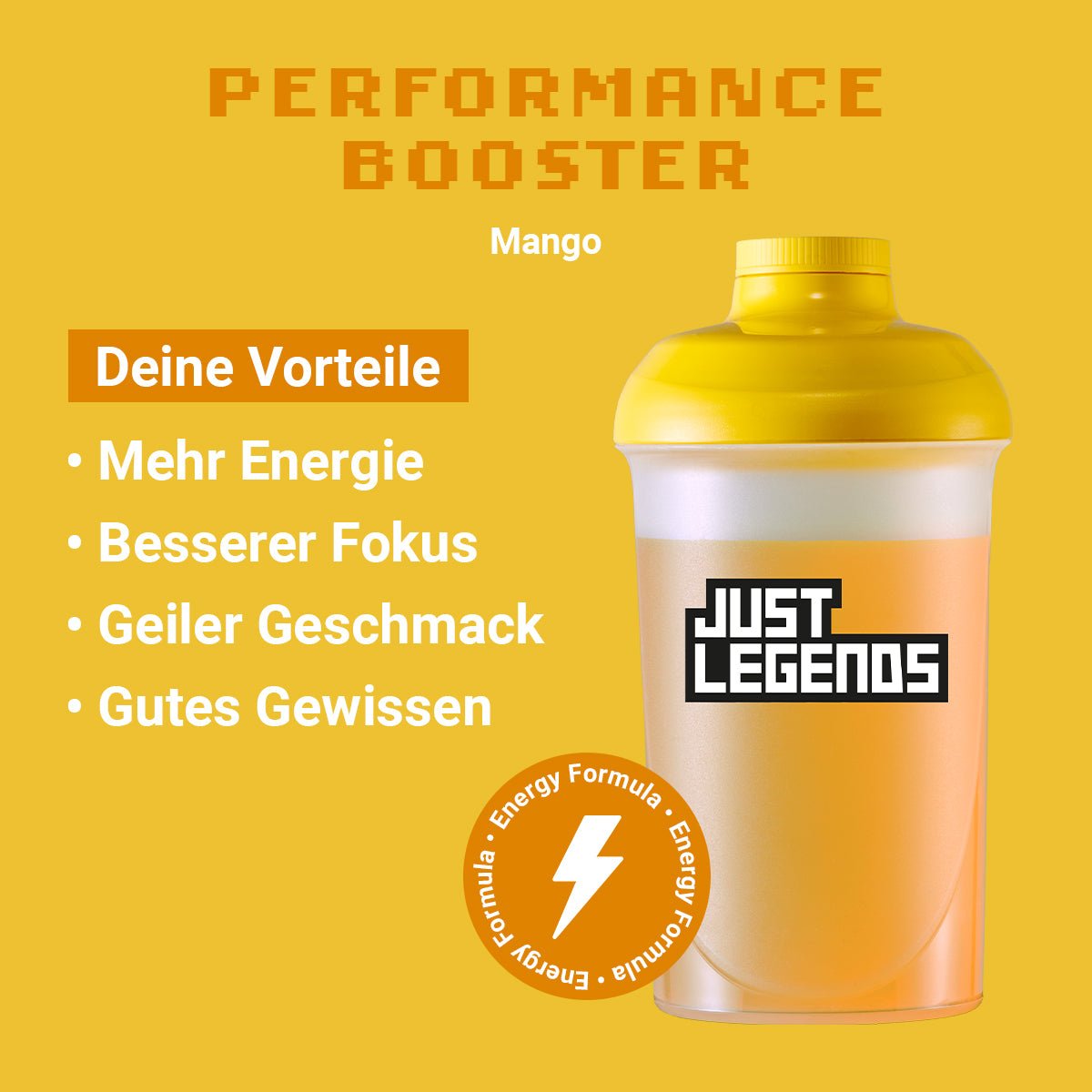 Just Legends Performance Booster Mango | Funktionaler, veganer Performance Booster auf Pulverbasis ohne Zucker, mit wenig Kalorien, vielen Vitaminen und natürlichen Aromen.
