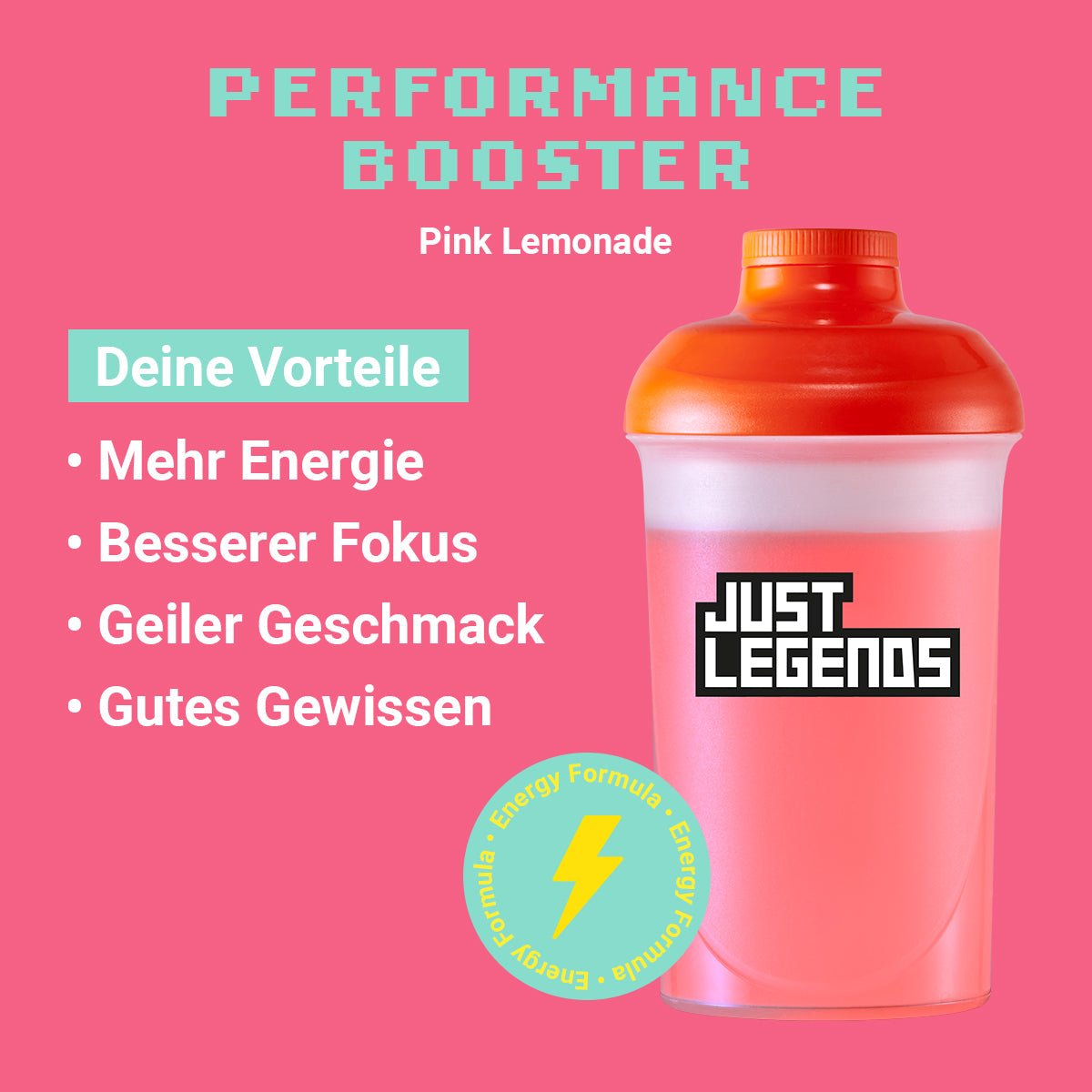 Just Legends Performance Booster Pink Lemonade | Funktionaler, veganer Performance Booster auf Pulverbasis ohne Zucker, mit wenig Kalorien, vielen Vitaminen und natürlichen Aromen.