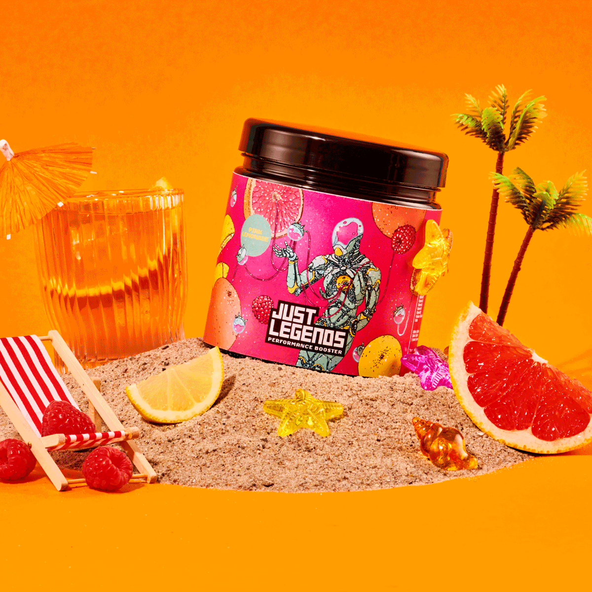 Just Legends Performance Booster Pink Lemonade | Funktionaler, veganer Performance Booster auf Pulverbasis ohne Zucker, mit wenig Kalorien, vielen Vitaminen und natürlichen Aromen.