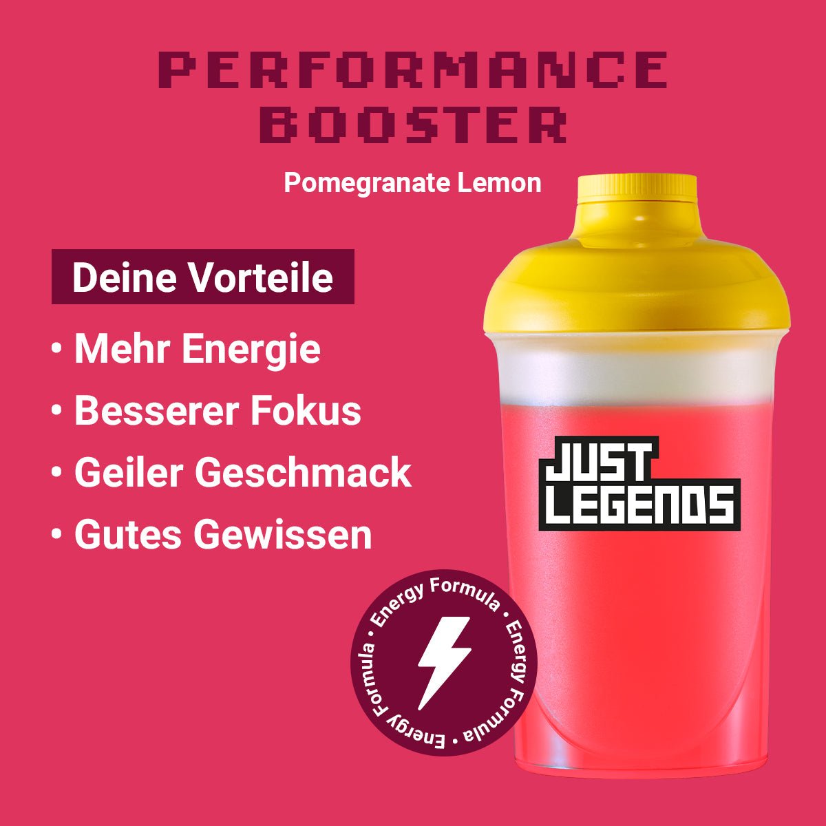 Just Legends Performance Booster Pomegranate Lemon | Funktionaler, veganer Performance Booster auf Pulverbasis ohne Zucker, mit wenig Kalorien, vielen Vitaminen und natürlichen Aromen.