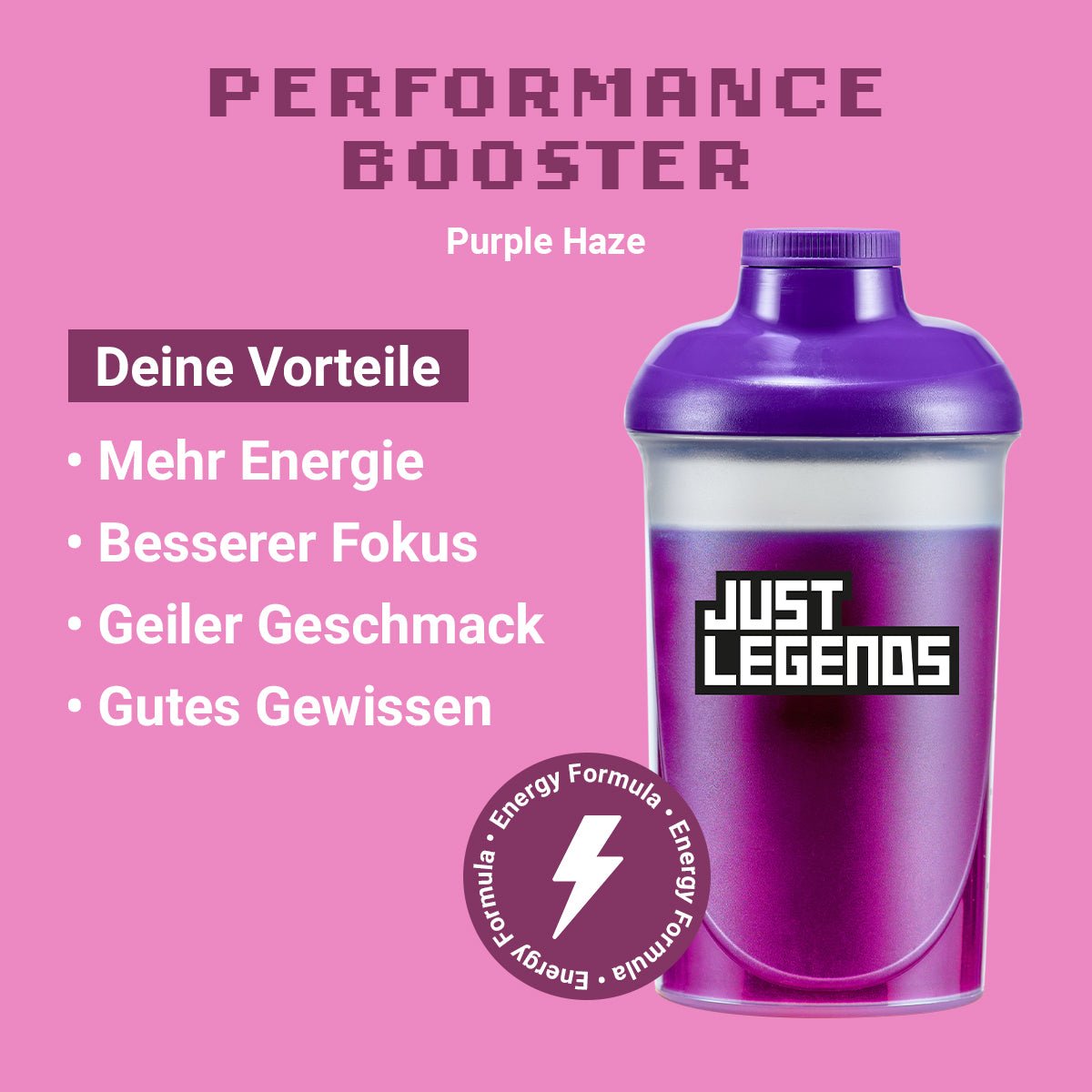 Just Legends Performance Booster Purple Haze | Funktionaler, veganer Performance Booster auf Pulverbasis ohne Zucker, mit wenig Kalorien, vielen Vitaminen und natürlichen Aromen.