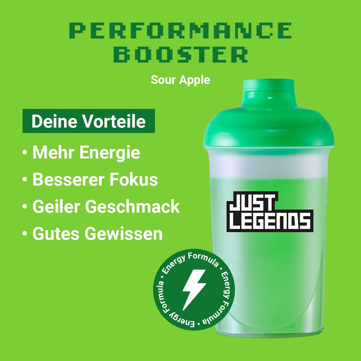 Just Legends Performance Booster Sour Apple | Funktionaler, veganer Performance Booster auf Pulverbasis ohne Zucker, mit wenig Kalorien, vielen Vitaminen und natürlichen Aromen.
