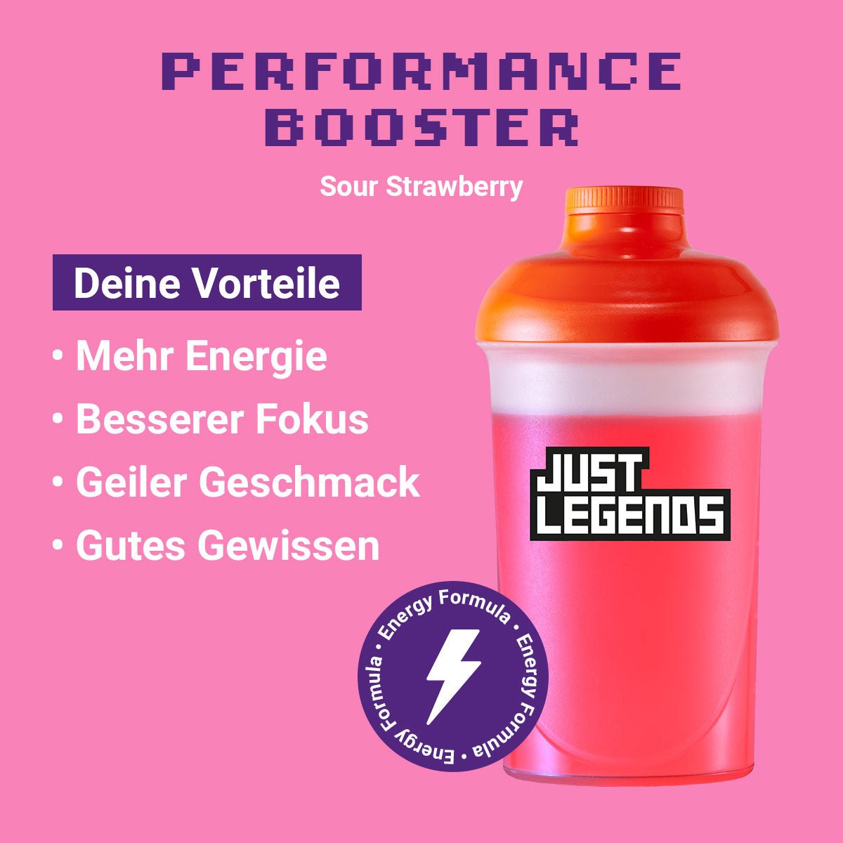 Just Legends Performance Booster Sour Strawberry | Funktionaler, veganer Performance Booster auf Pulverbasis ohne Zucker, mit wenig Kalorien, vielen Vitaminen und natürlichen Aromen.
