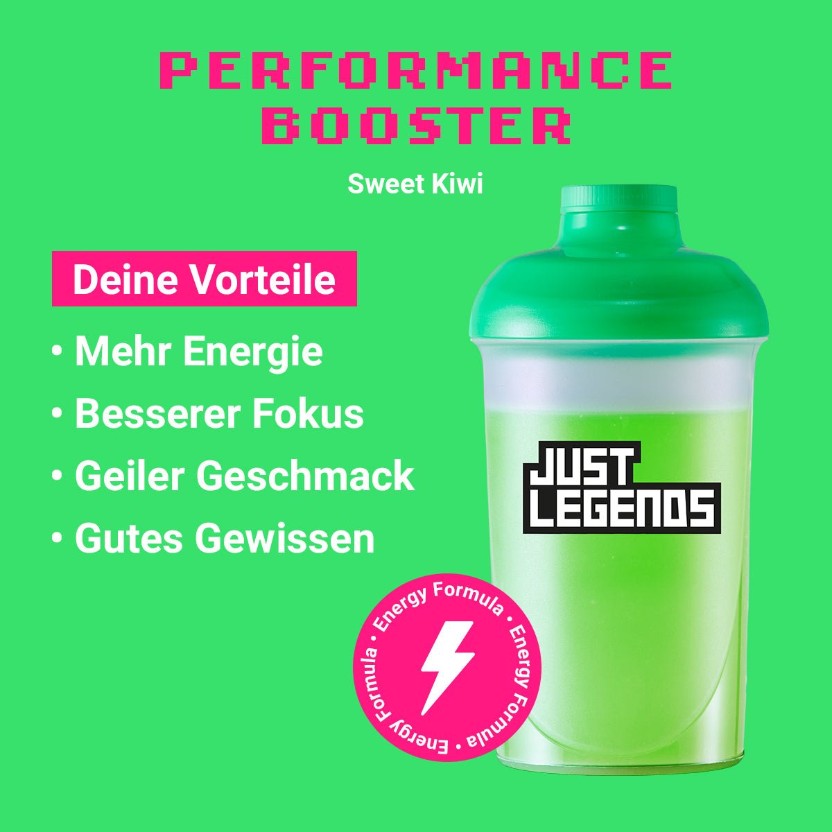 Just Legends Performance Booster Sweet Kiwi | Funktionaler, veganer Performance Booster auf Pulverbasis ohne Zucker, mit wenig Kalorien, vielen Vitaminen und natürlichen Aromen.
