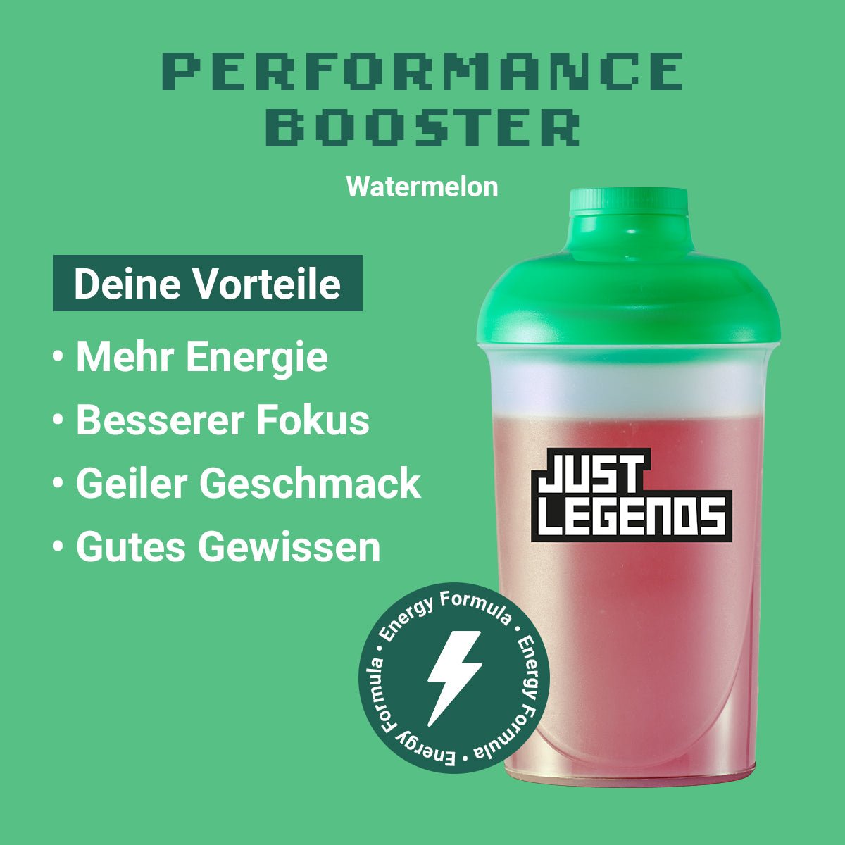 Just Legends Performance Booster Watermelon | Funktionaler, veganer Performance Booster auf Pulverbasis ohne Zucker, mit wenig Kalorien, vielen Vitaminen und natürlichen Aromen.
