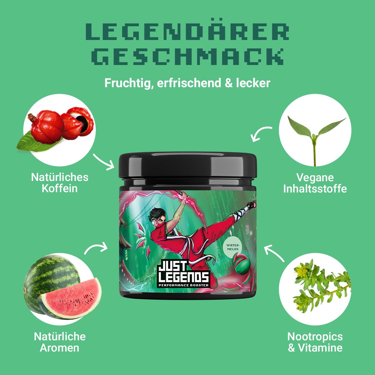 Just Legends Performance Booster Watermelon | Funktionaler, veganer Performance Booster auf Pulverbasis ohne Zucker, mit wenig Kalorien, vielen Vitaminen und natürlichen Aromen.