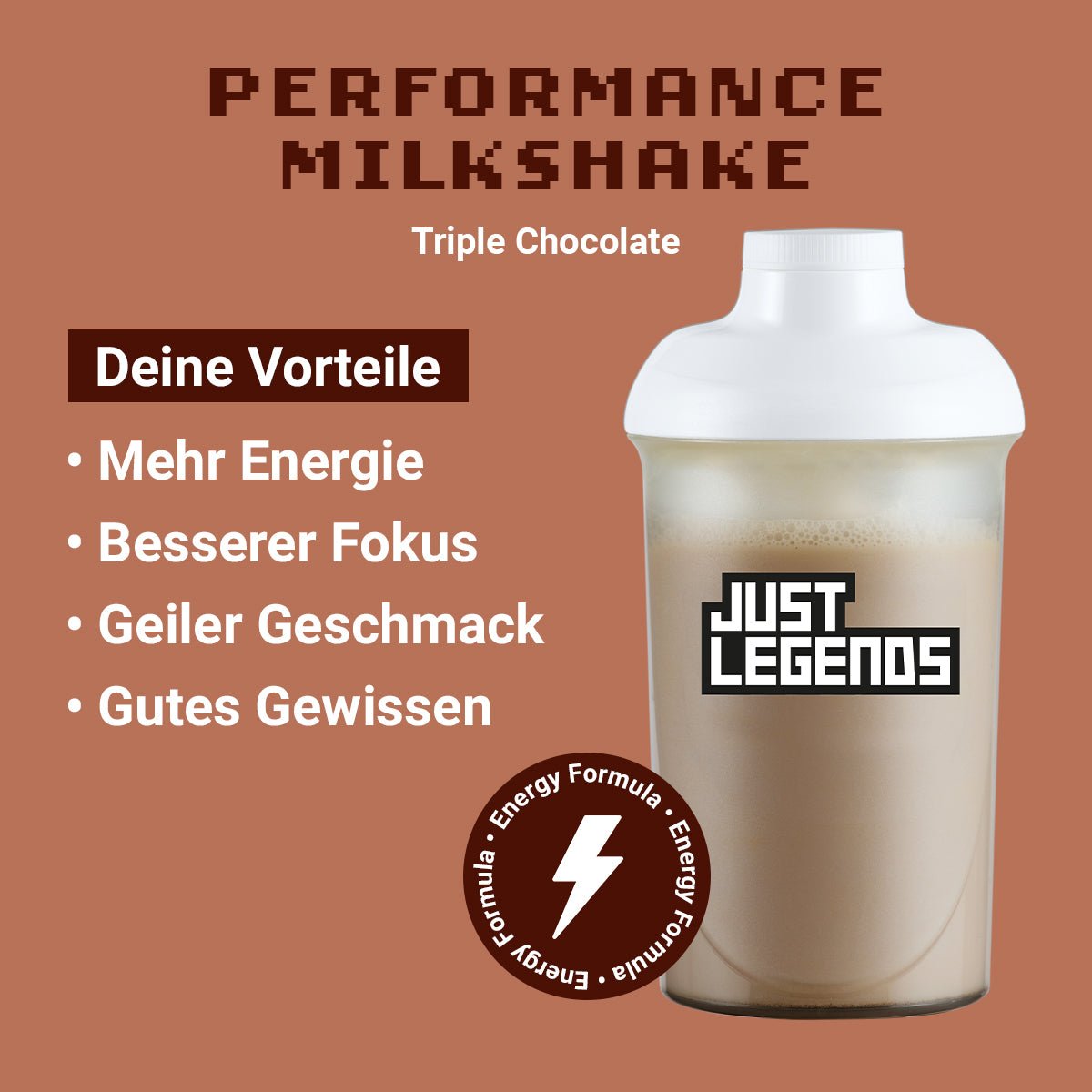 Just Legends Performance Milkshake Triple Chocolate | Funktionaler, veganer Performance Milkshake auf Pulverbasis ohne Zucker, mit wenig Kalorien, vielen Vitaminen und natürlichen Aromen.