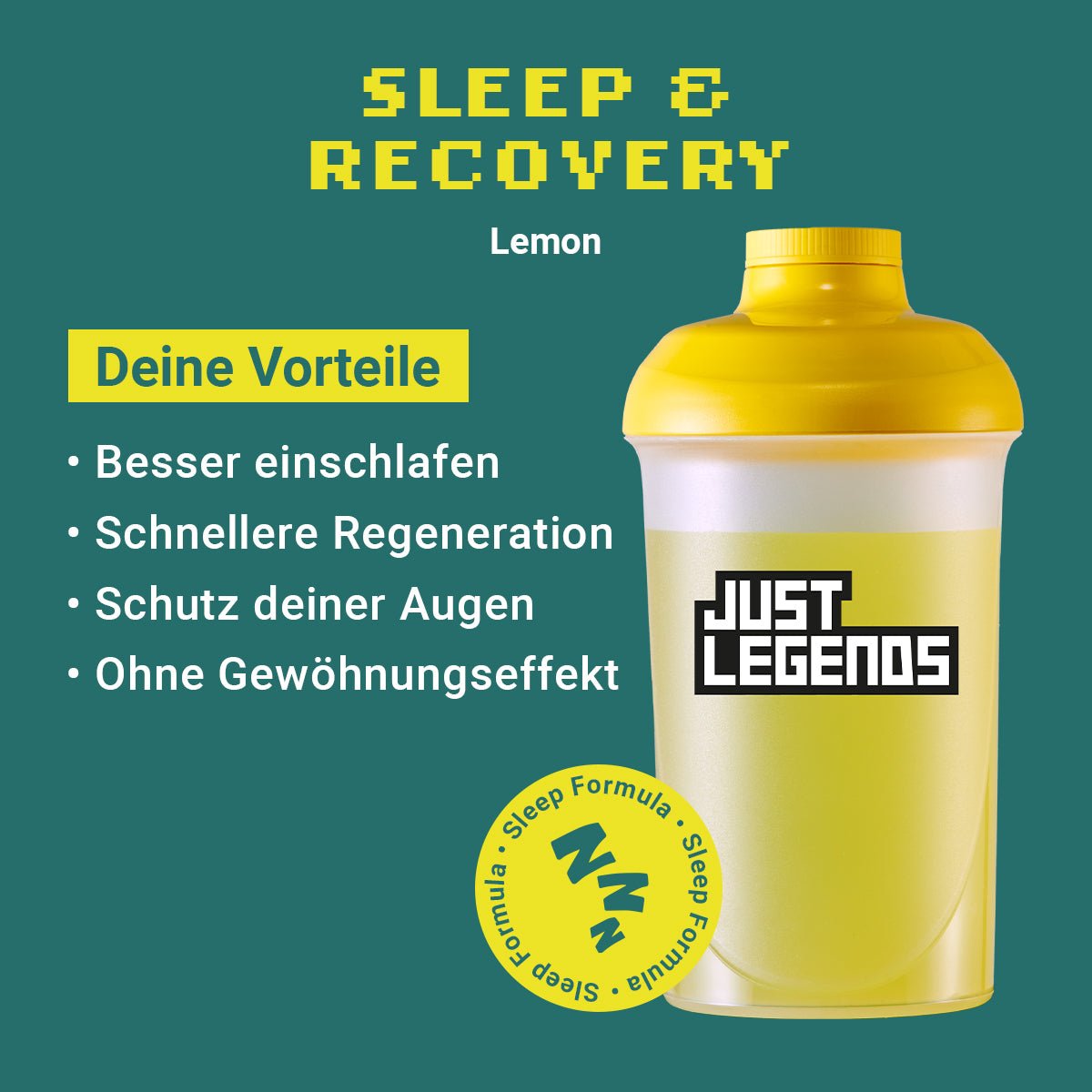 Just Legends Sleep & Recovery Lemon | Funktionaler, veganer Sleep and Recovery auf Pulverbasis ohne Zucker, mit wenig Kalorien, vielen Vitaminen und natürlichen Aromen.